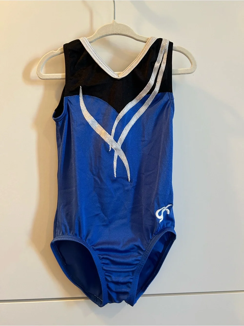 GK Girls Blue & Black Metallic Stripe Gymnastics Leotard - Child’s Small